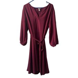 A New Day Dress WomesPlus XXL Burgundy Knee Length V Neck Bishop Sleeves Tie